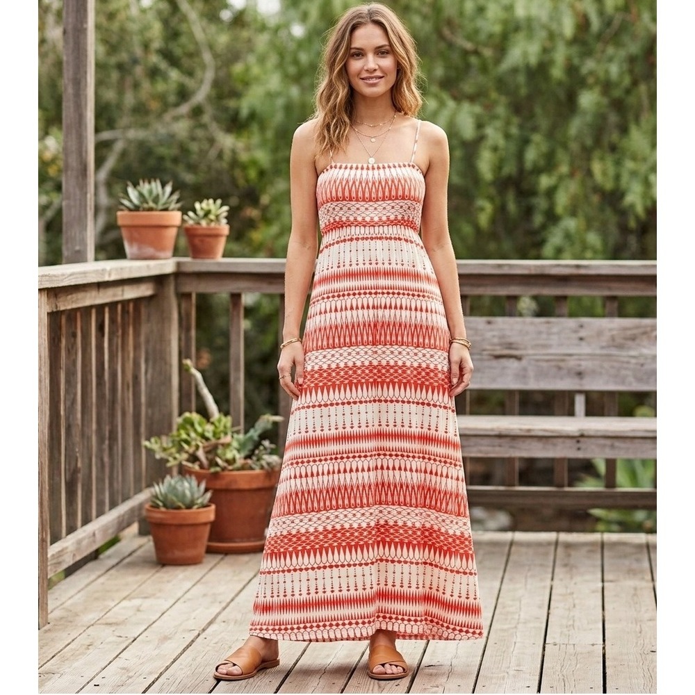Anthropologie Deletta Orange Cream Geometric Tribal Maxi Dress Small Sleeveless